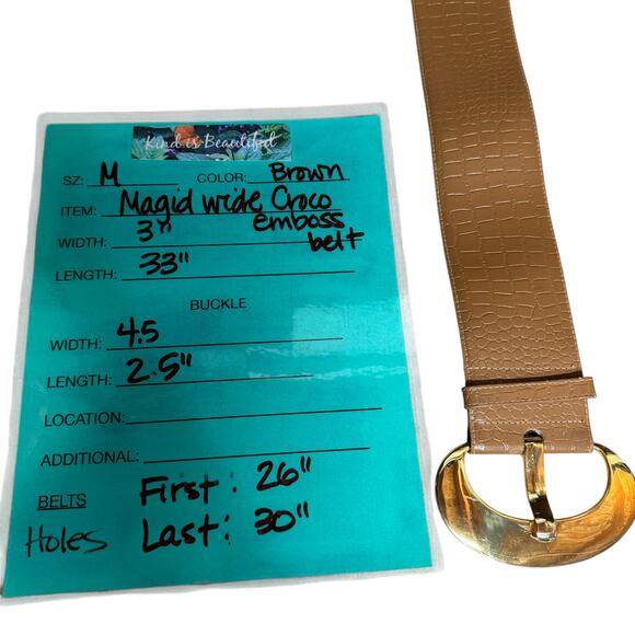 Magid Croco Embossed Wide Leather Belt Women's SZ M Brown Glam Retro Chic Party - Picture 10 of 10